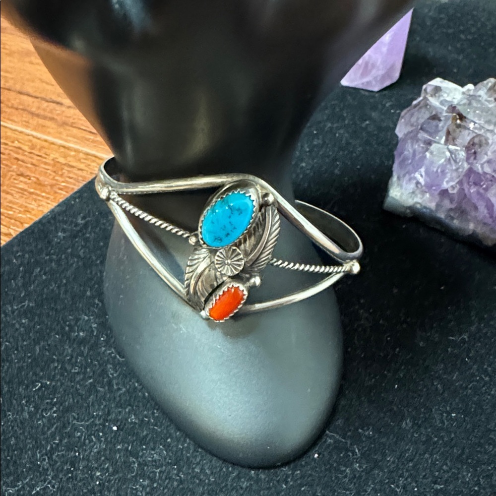 Jane Popovich Vintage Native American Sterling, Turquoise, Coral Cuff Bracelet - Picture 15 of 15